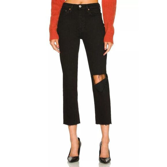 RE/DONE Originals 70s Stove Pipe Noir with Rip Cropped Jeans 27-Black Button Fly - Picture 1 of 12